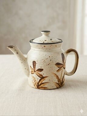 Vintage Handcrafted Speckled Stoneware Teapot Brown Botanical Floral Pottery